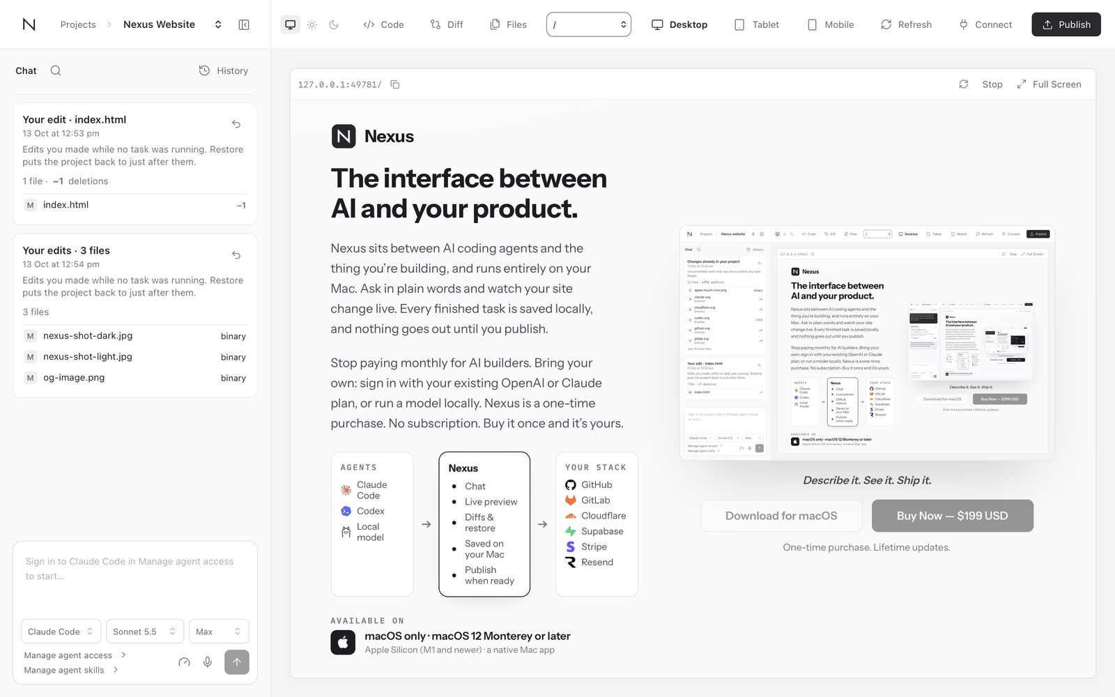 Nexus: the request and the finished task in the chat on the left, and the live preview of the Nexus website on the right.